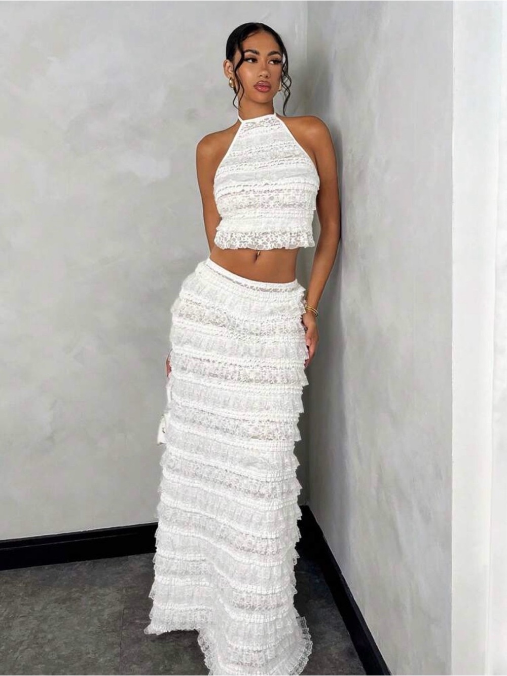 SHEIN White Crochet Tiered Maxi Skirt and top set